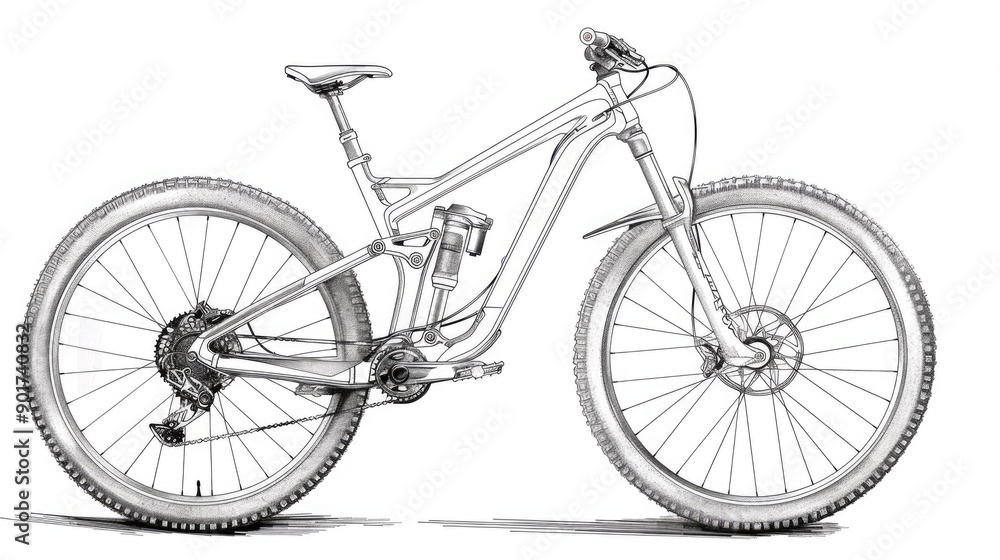 Detailed Pen And Ink Drawing Of A Mountain Bike Showing The Suspension 