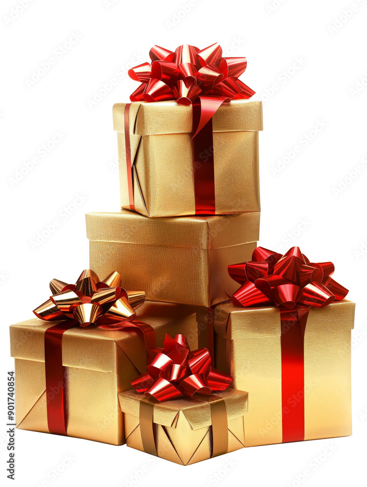 Obraz premium Stack of golden gift boxes with red bows