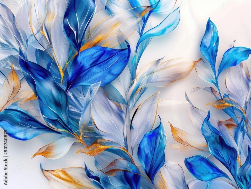 A collection of blue and orange feathers arranged on a clean white surface A collection of blue and orange feathers arranged on a clean white surface