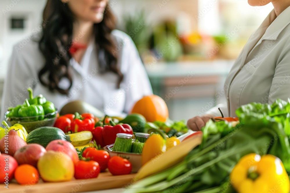 Fresh vegetables on table with nutritionists in background Fresh vegetables on table with nutritionists in background
