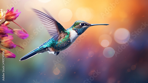 Long-Billed Starthroat Hummingbird Hovering in Air photo