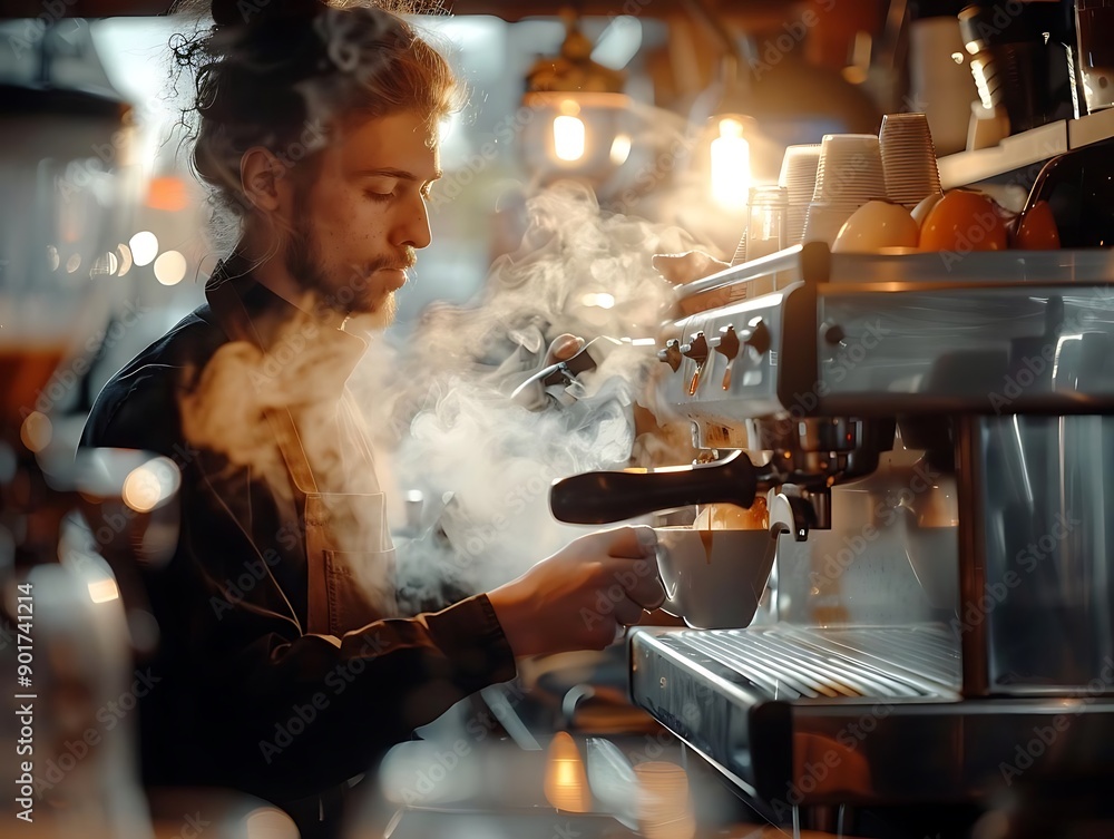 Naklejka premium Steamed Coffee: Barista Prepares Espresso Drink