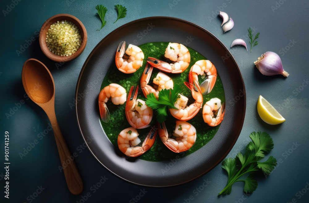 delicious shrimp with sauce on plate, garnished with lemon and spices. Sea food meal, flatlay delicious shrimp with sauce on plate, garnished with lemon and spices. Sea food meal, flatlay