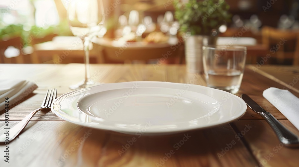 Empty plate at restaurant table. A pristine white plate sits on a rustic wooden table in a bustling eatery, ready for a delicious meal. Empty plate at restaurant table. A pristine white plate sits on a rustic wooden table in a bustling eatery, ready for a delicious meal.