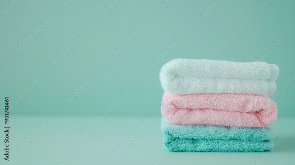 White, pink and turquoise towels are stacked on top of each other against a pastel green background. White, pink and turquoise towels are stacked on top of each other against a pastel green background.