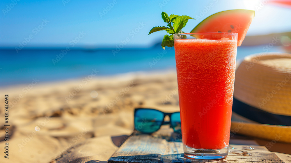 Obraz premium A glass of watermelon juice is on a table on a beach