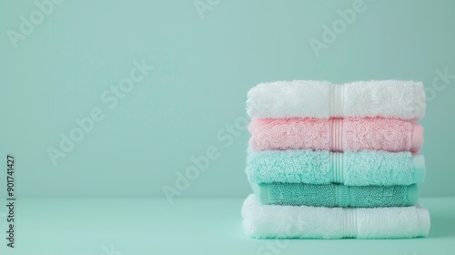 White, pink and turquoise towels are stacked on top of each other against a pastel green background.