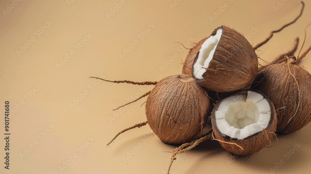 light brown background with an arrangement of coconuts light brown background with an arrangement of coconuts