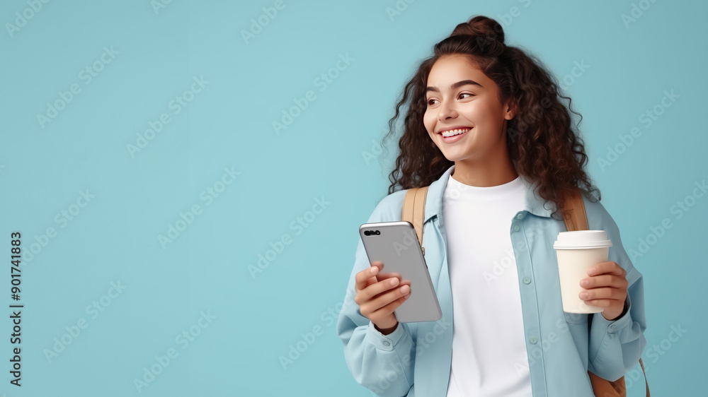 A Portrait of student girl with in a sweater standing on a rblue background. Surprised model with orange backpack smartphone and hold coffee cup. Concept of traveling, back to school A Portrait of student girl with in a sweater standing on a rblue background. Surprised model with orange backpack smartphone and hold coffee cup. Concept of traveling, back to school