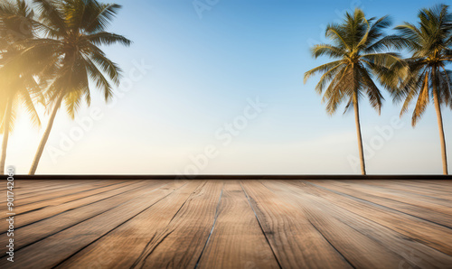 wooden platform table for product show case beside blue sky beach with palm coconut tree.