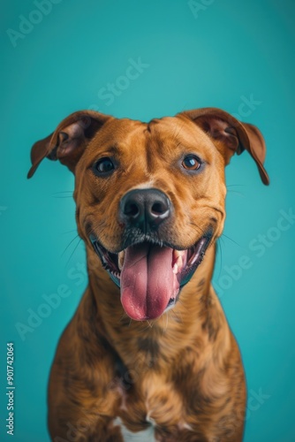 A friendly-looking dog sitting on a blue surface