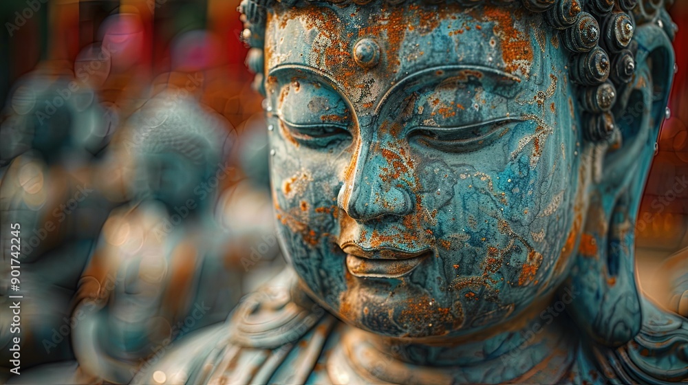 Weathered blue buddha statue conveying serenity and wisdom Weathered blue buddha statue conveying serenity and wisdom