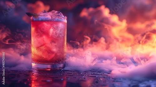 Colorful Cocktail With Ice Cubes Surrounded by Colorful Fog at Night