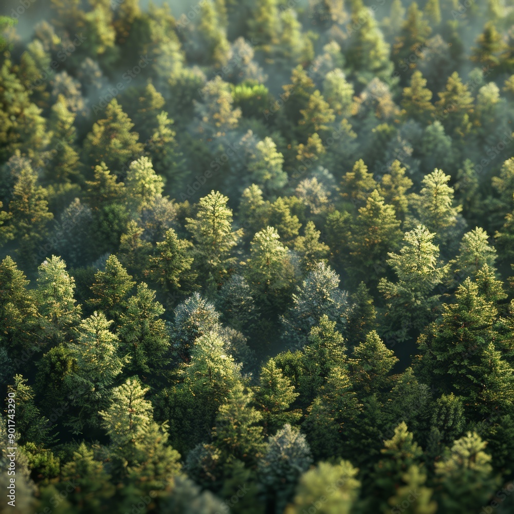 Lush Green Forest With Dense Pine Trees Under Soft Morning Light in Autumn. Generative AI Lush Green Forest With Dense Pine Trees Under Soft Morning Light in Autumn. Generative AI