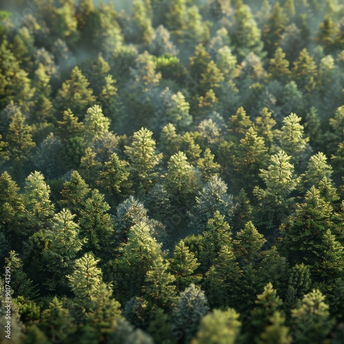Lush Green Forest With Dense Pine Trees Under Soft Morning Light in Autumn. Generative AI