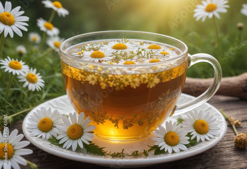 complex photorealistic of Chamomile Tea , vivid colors, Enchanted Masterpiece