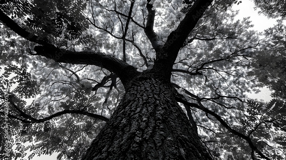 Naklejka premium Towering Tree Canopy Reaching for the Sky Lush Green Foliage and Intricate Branch Structure