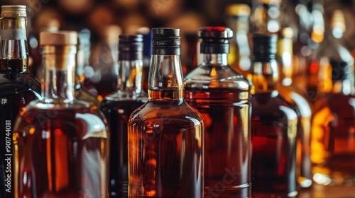 Various bottles of alcohol arranged on a shelf or table.