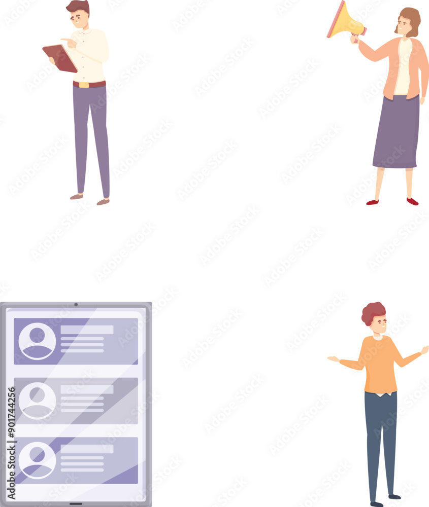 Fired people icons set cartoon vector. Upset dismissed man and woman. Social problem, unemployment Fired people icons set cartoon vector. Upset dismissed man and woman. Social problem, unemployment