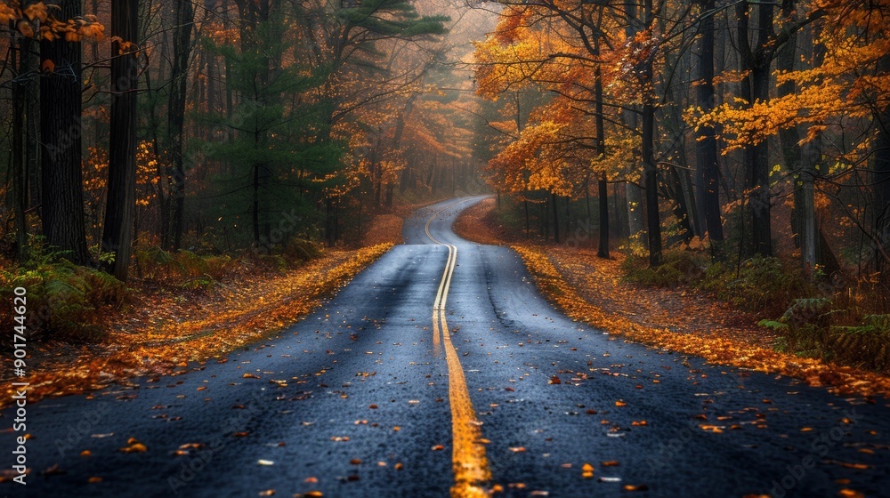 Obraz premium Scenic Autumn Road Surrounded by Colorful Trees in a Quiet Forest. Generative AI