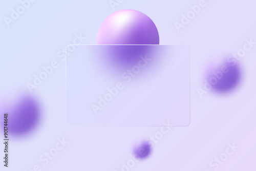 Spheres with transparent plate in glass morphism style. Landing page template.