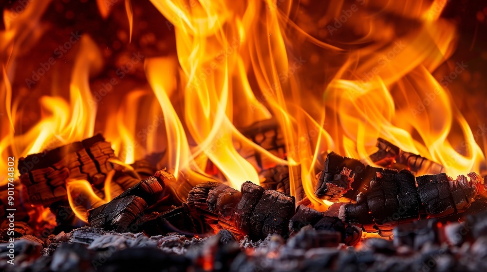 Close-up flames and embers in a burning fire pit outdoors.