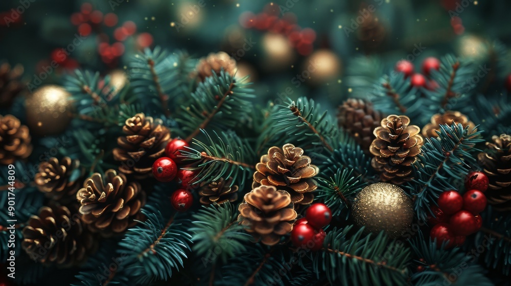 Christmas tree branches decorated with golden pine cones and red berries creating a festive atmosphere Christmas tree branches decorated with golden pine cones and red berries creating a festive atmosphere