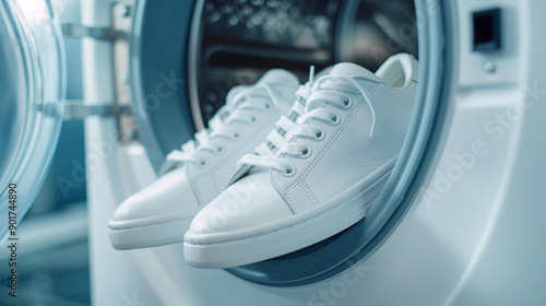 Stylish clean sneakers inside modern washing machine photo