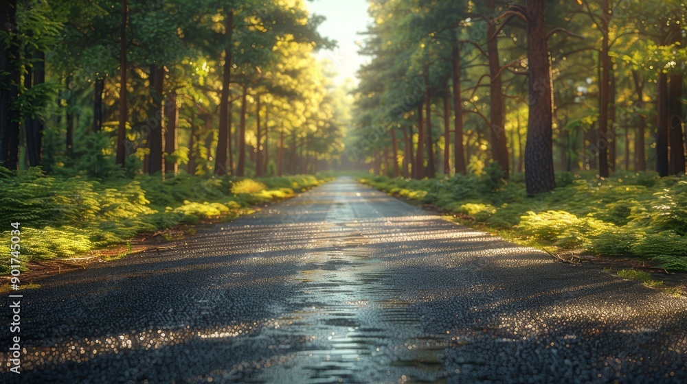 Fototapeta premium A Peaceful Early Morning Stroll Along a Serene Forest Pathway in Spring. Generative AI
