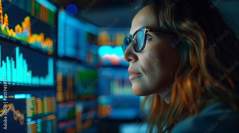 Analyzing the Market: Woman Reviews Financial Data on Multiple Monitors Analyzing the Market: Woman Reviews Financial Data on Multiple Monitors
