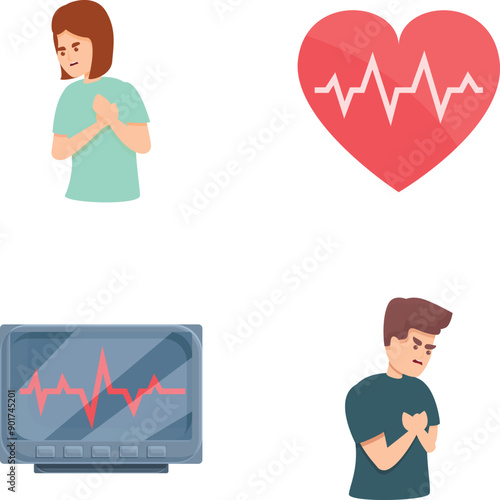 Cardiogram icons set cartoon vector. Heartbeat rate at monitor and display. Health care, diagnosis and treatment