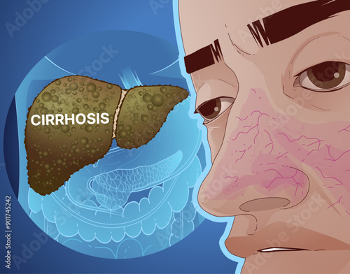 Vascular spider. Signs of liver cirrhosis. Signs of liver disease. Healthcare illustration. Vector illustration.