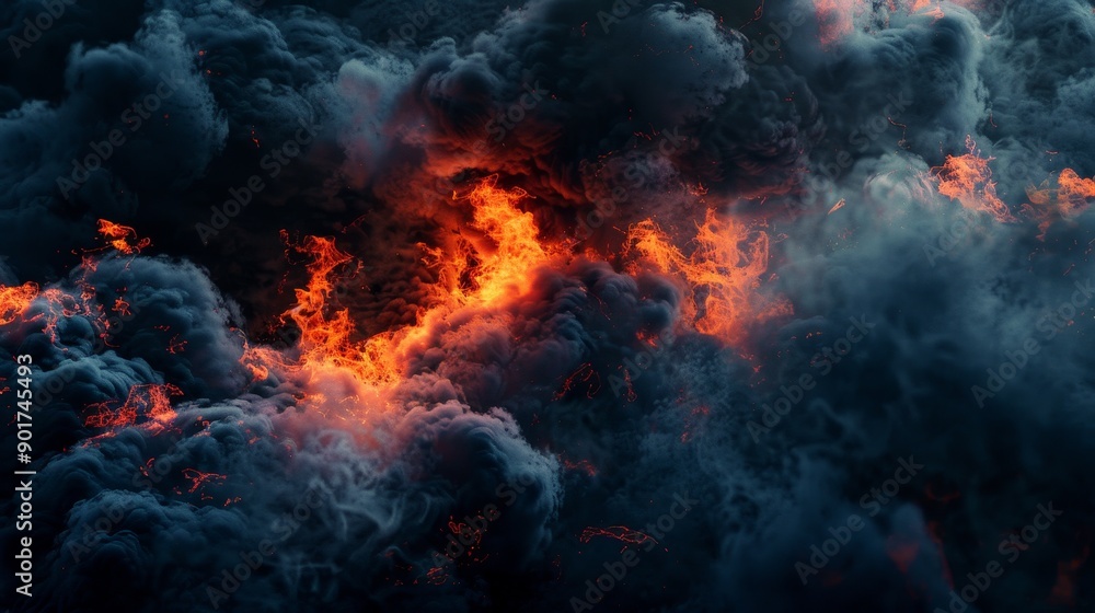 Fiery clouds with glowing embers and dark smoke effects Fiery clouds with glowing embers and dark smoke effects