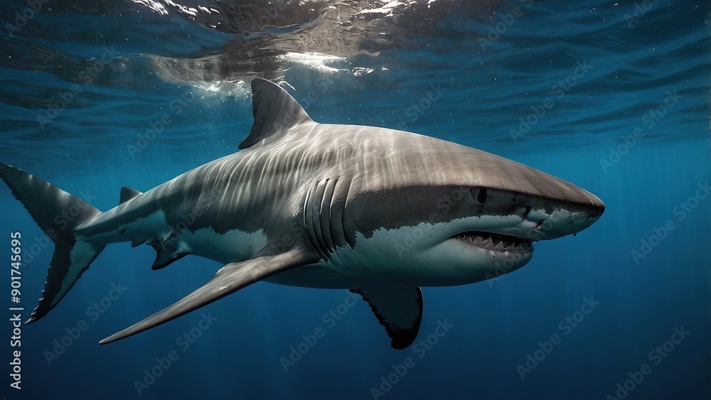 Fototapeta premium Majestic Great White Shark Swimming Gracefully Under Clear Blue Ocean Water