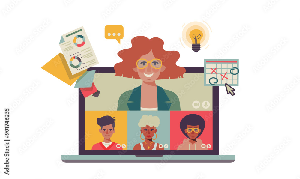 team colleagues video call, meeting zoom. People connecting together, Stream, web chatting. Vector illustration on a white background. team colleagues video call, meeting zoom. People connecting together, Stream, web chatting. Vector illustration on a white background.