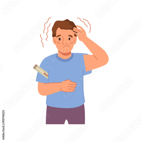 Child with high temperature and thermometer, virus influenza and fever of small boy. Kid with seasonal flu and illness diseases, young sick patient having coronavirus disease