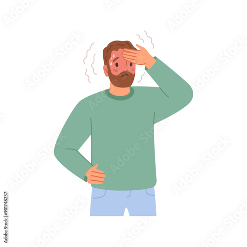 Man with headache and fever, guy high temperature, flat cartoon person feeling unwell. Character having cold, seasonal flu, virus influenza and respiratory illness, unhealthy expression