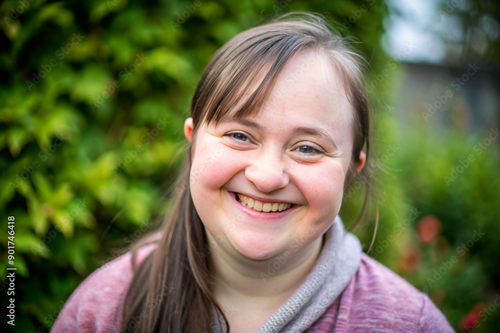 Pretty young woman with special needs in a summer park outdoors. Portrait of happy mentally disabled female with down syndrome smilling