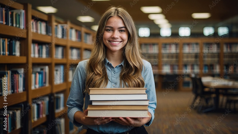 Young Student Smiling While Carrying Stack of Books in Modern Library Setting Young Student Smiling While Carrying Stack of Books in Modern Library Setting