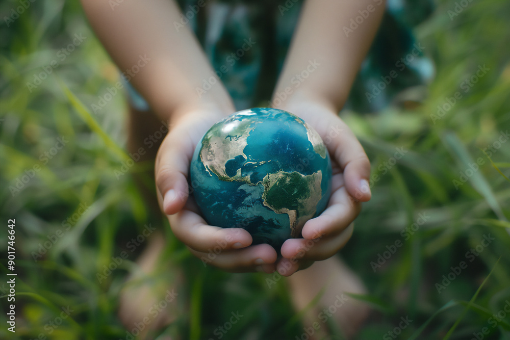 A caring child hands holds the planet, symbolizing global protection and environmental conservation A caring child hands holds the planet, symbolizing global protection and environmental conservation