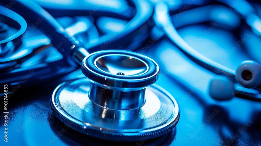 Close-up of stethoscope with blue background, medical tool. Close-up of stethoscope with blue background, medical tool.
