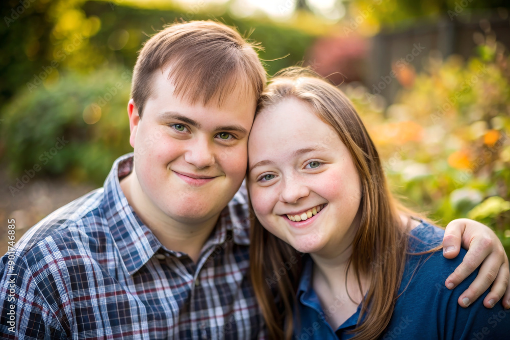 Pretty young couple with special needs in summer park outdoors. Portrait of happy friends with mentally disabled with down syndrome smilling Pretty young couple with special needs in summer park outdoors. Portrait of happy friends with mentally disabled with down syndrome smilling