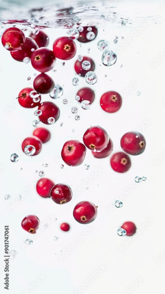 red cranberries falling into water with a white background red cranberries falling into water with a white background