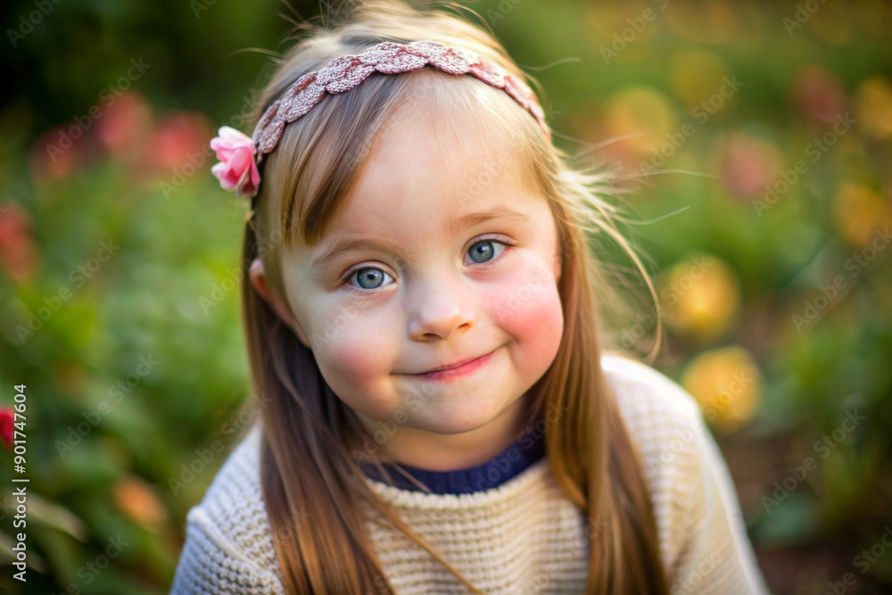 Pretty little child with special needs in a summer park outdoors. Portrait of happy girl with down syndrome having fun and laugh. Pretty little child with special needs in a summer park outdoors. Portrait of happy girl with down syndrome having fun and laugh.