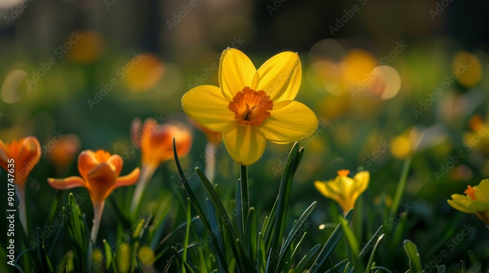 A single daffodil standing out among field of flowers. A single daffodil standing out among field of flowers.