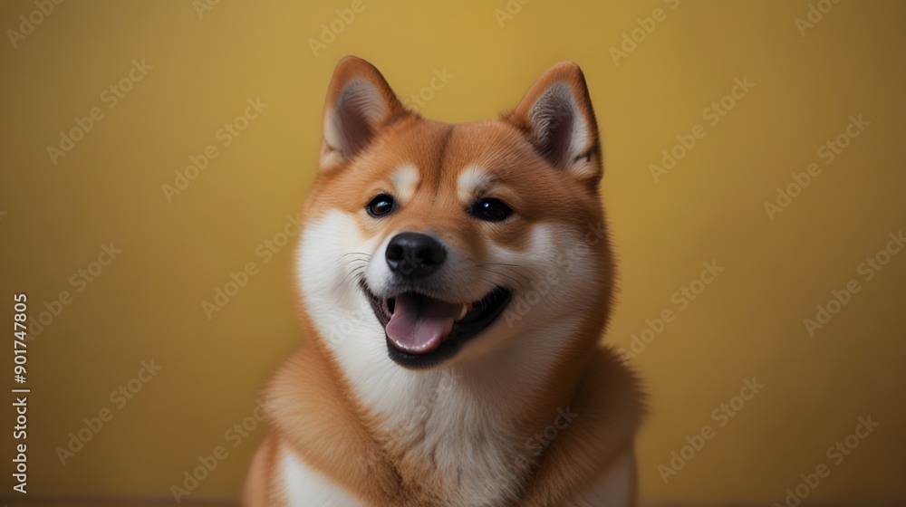 Happy shiba inu dog on yellow. Red-haired Japanese dog smile portrait Happy shiba inu dog on yellow. Red-haired Japanese dog smile portrait