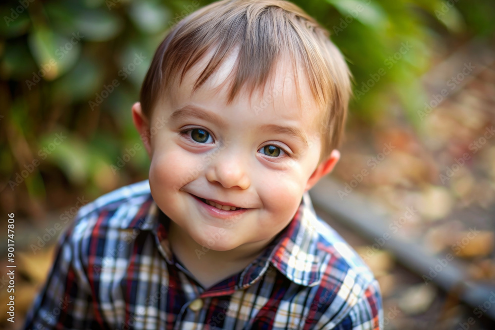 Pretty little child with special needs in a summer park outdoors. Portrait of happy boy with down syndrome having fun and laugh. Pretty little child with special needs in a summer park outdoors. Portrait of happy boy with down syndrome having fun and laugh.