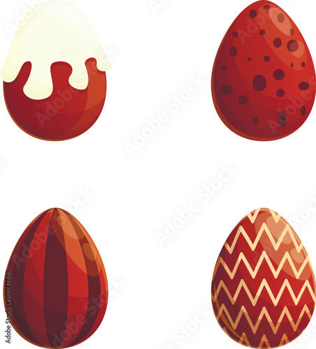 Sweet egg icons set cartoon vector. Various decorated chocolate egg. Easter sweet