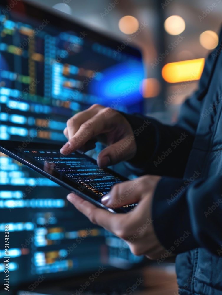 A person holds a tablet computer in front of a computer screen, showing digital content A person holds a tablet computer in front of a computer screen, showing digital content