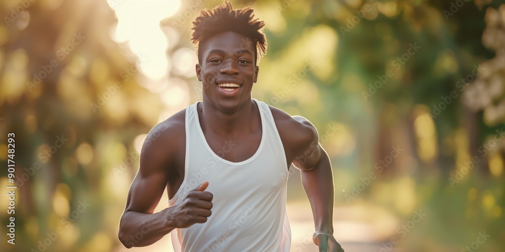 Photo of a young man running and jogging outdoors in the park, wearing sportswear, smiling on a sunny day. Jogging and fitness concept. Photo of a young man running and jogging outdoors in the park, wearing sportswear, smiling on a sunny day. Jogging and fitness concept.